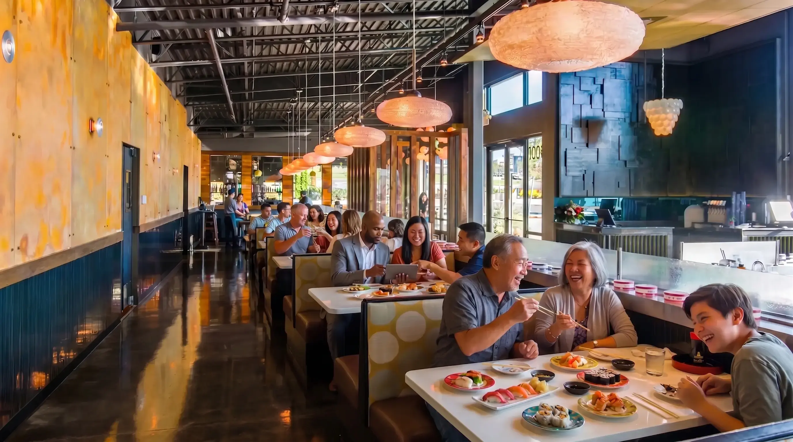 Families eating together along the conveyor belt at Zen Sushi & Bar in Bellingham, WA