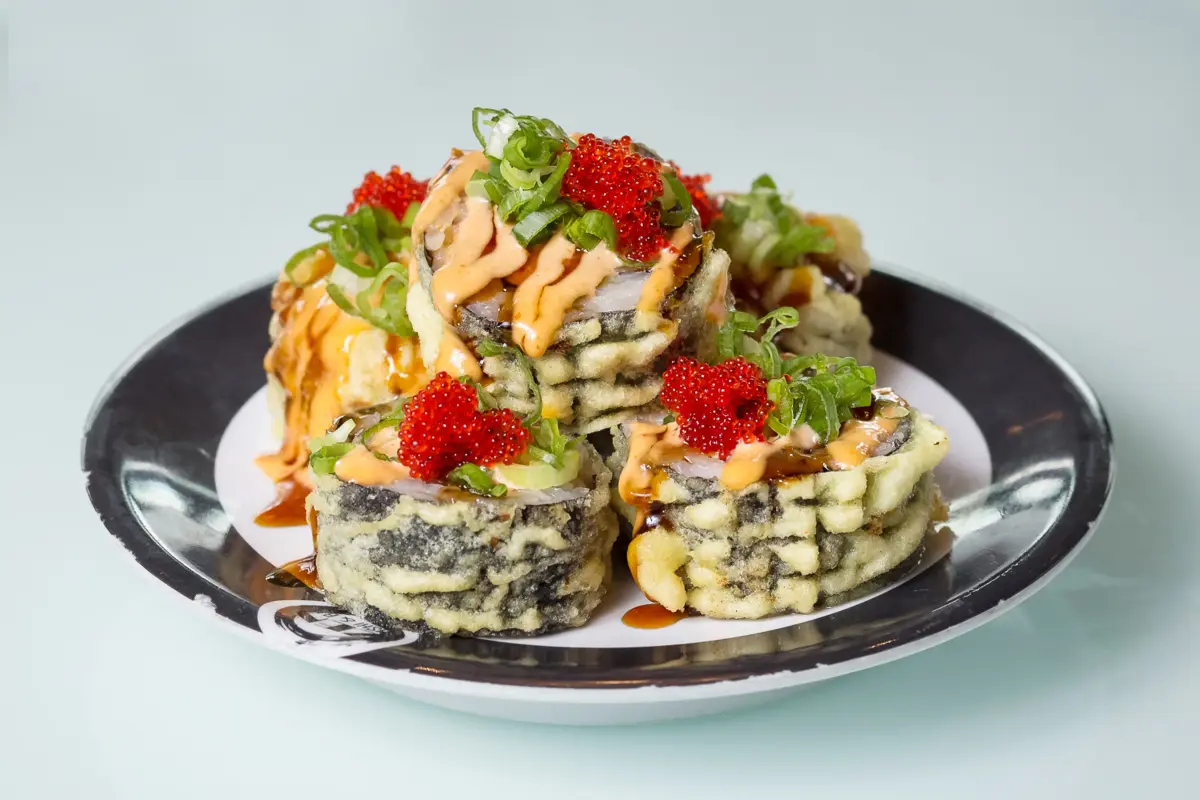 Godzilla Roll with avocado, eel sauce and tobiko at Zen Sushi & Bar, Bellingham WA